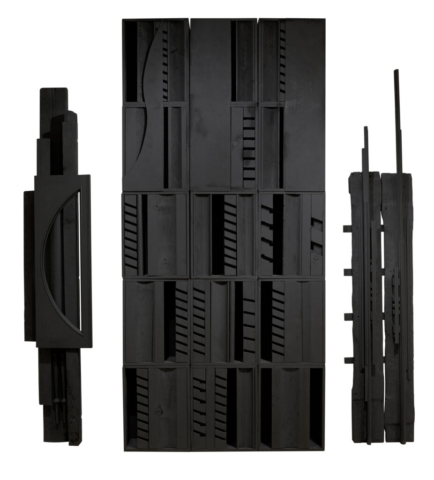 Louise Nevelson, The Endless Column, 1969 and 1985. Wood and found wooden objects painted black. Left: 110 x 22 x 9 1/8 inches, Center: 128 1/8 x 59 x 11 1/8 inches, Right: 115 x 21 1/2 x 5 1/4 inches. Collection of the Farnsworth Art Museum, Rockland, Maine. Bequest of Nathan Berliawsky, 1980.35.30.